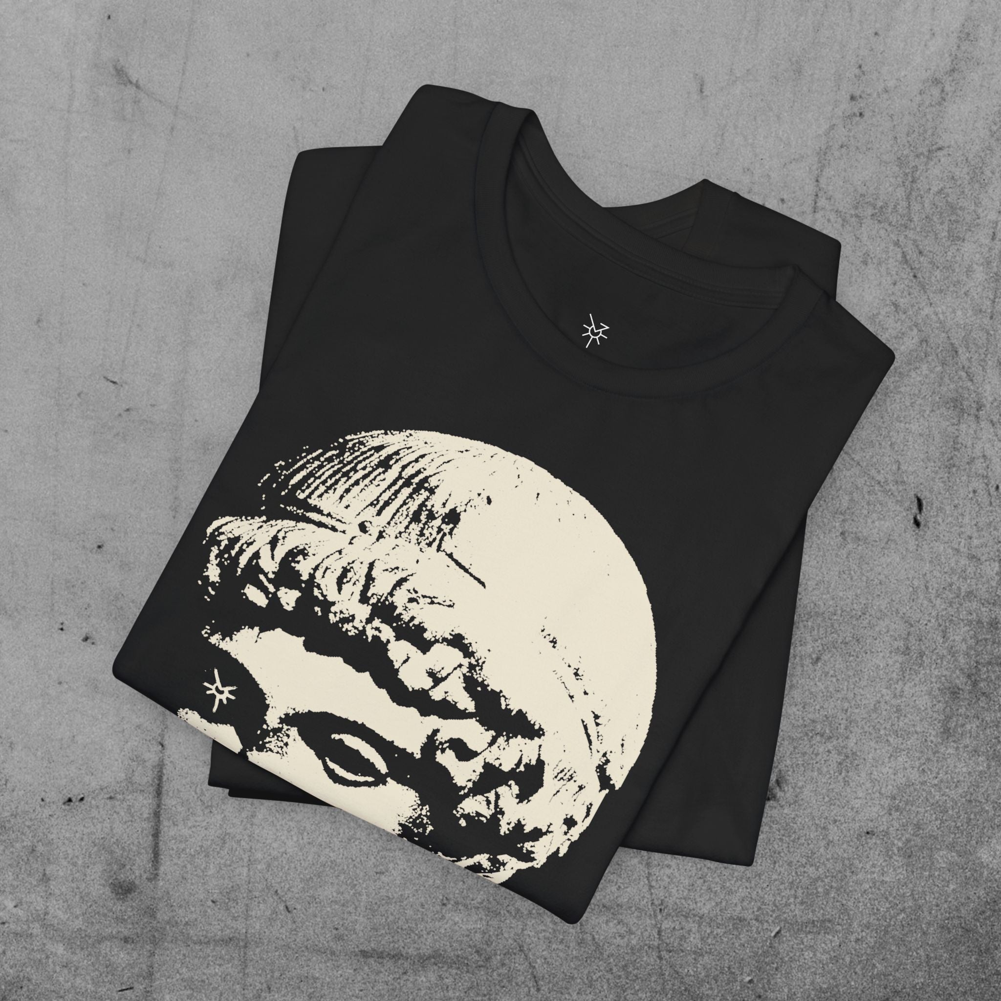 RUNE - Lightweight Tee featuring:  Statue with eye Glyph front print / Logotype stem-lengthened and lyric back print.