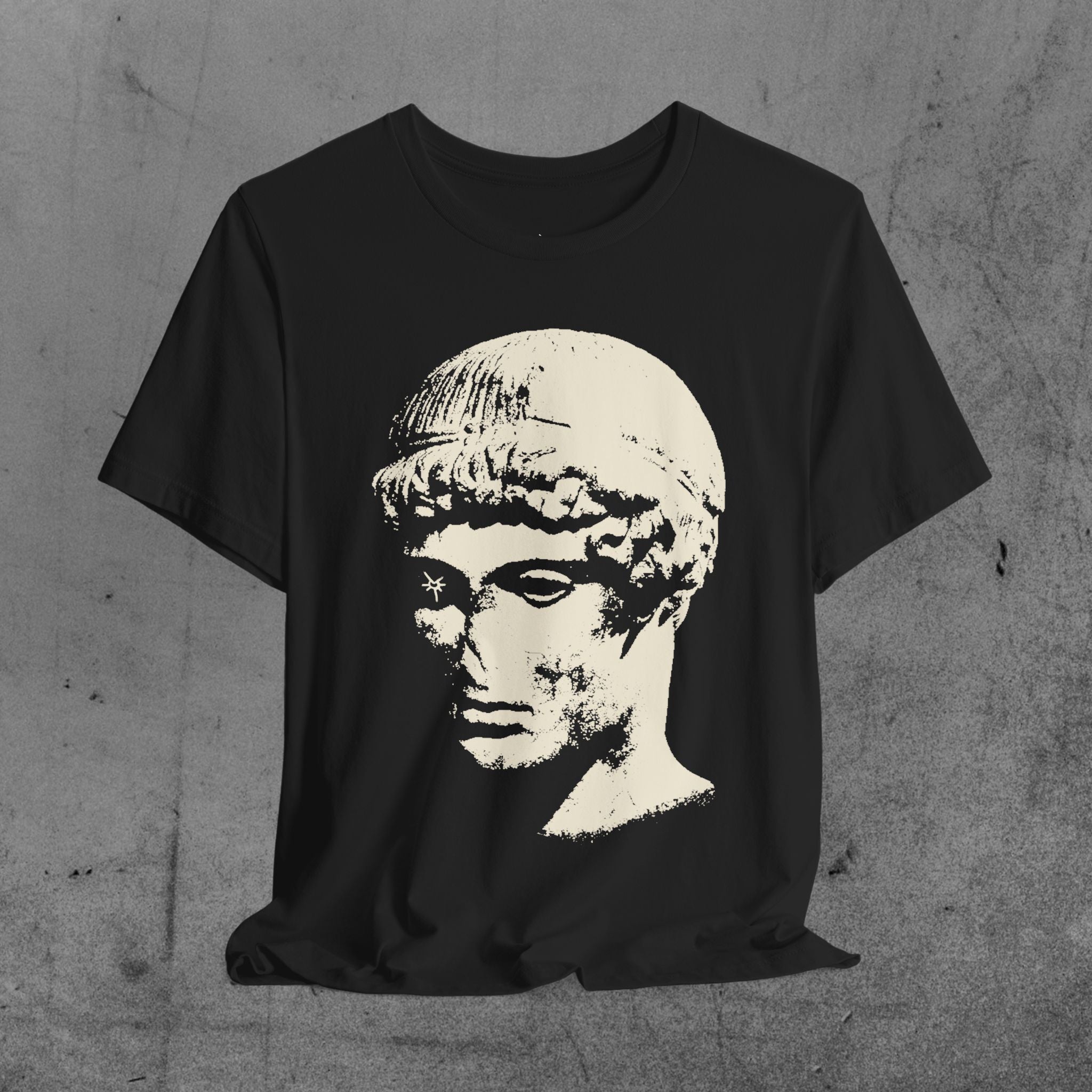 RUNE - Lightweight Tee featuring:  Statue with eye Glyph front print / Logotype stem-lengthened and lyric back print.